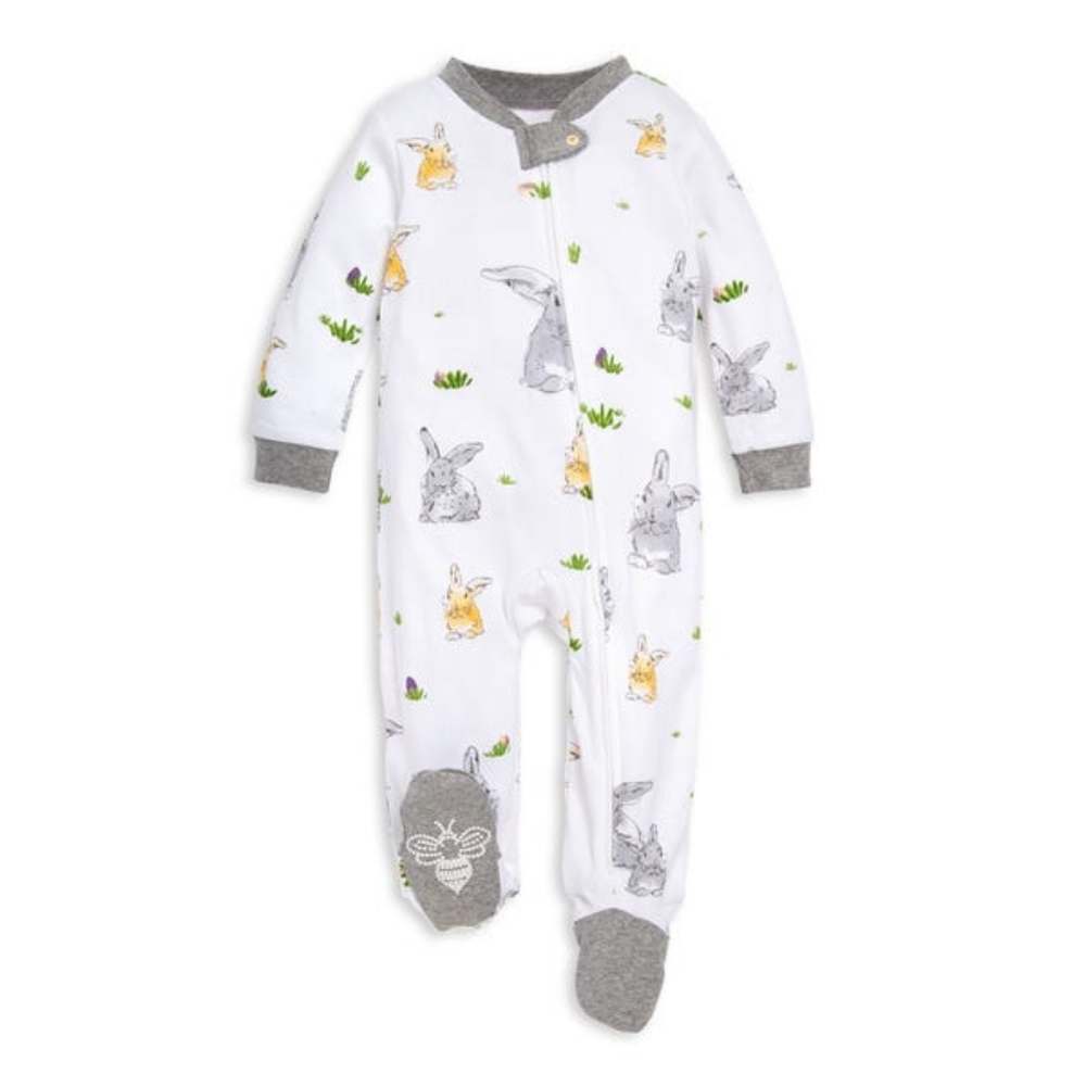 Bunny Trail Watercolor Organic Baby Zip Front Loose Fit Footed Pajamas